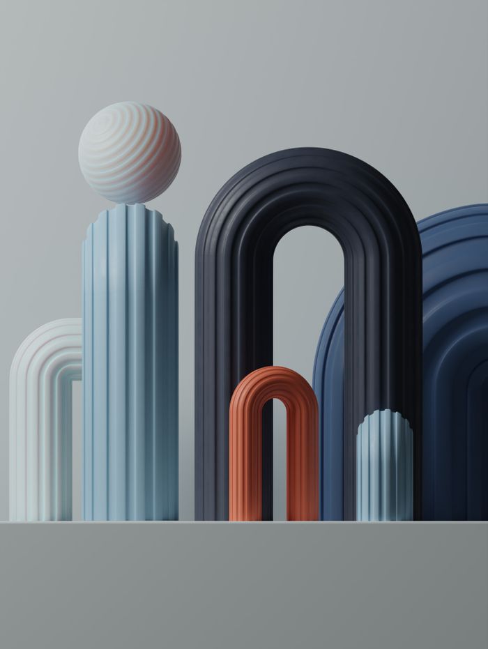 3D abstract composition with pastel arches and spheres, modern design.