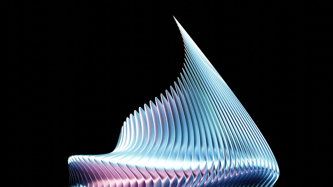 Futuristic sculpture with dynamic wave patterns and gradient lighting on black background.